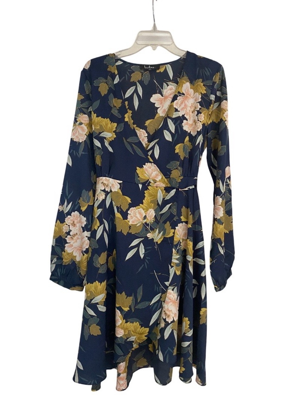 Lulu's Navy Floral Wrap-Detail Long Sleeve Dress